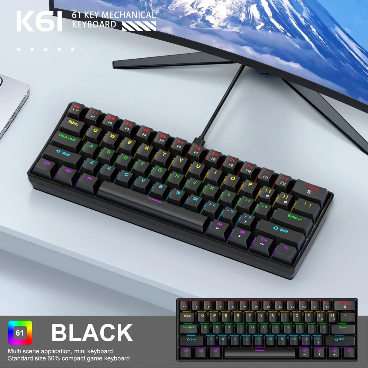 APAYADO K61 Mini Mechanical RGB Keyboard,Wired,61 Keys, Black/White , Red/Blue Switch for Gaming,60% Portable,PC/laptop - Image 7