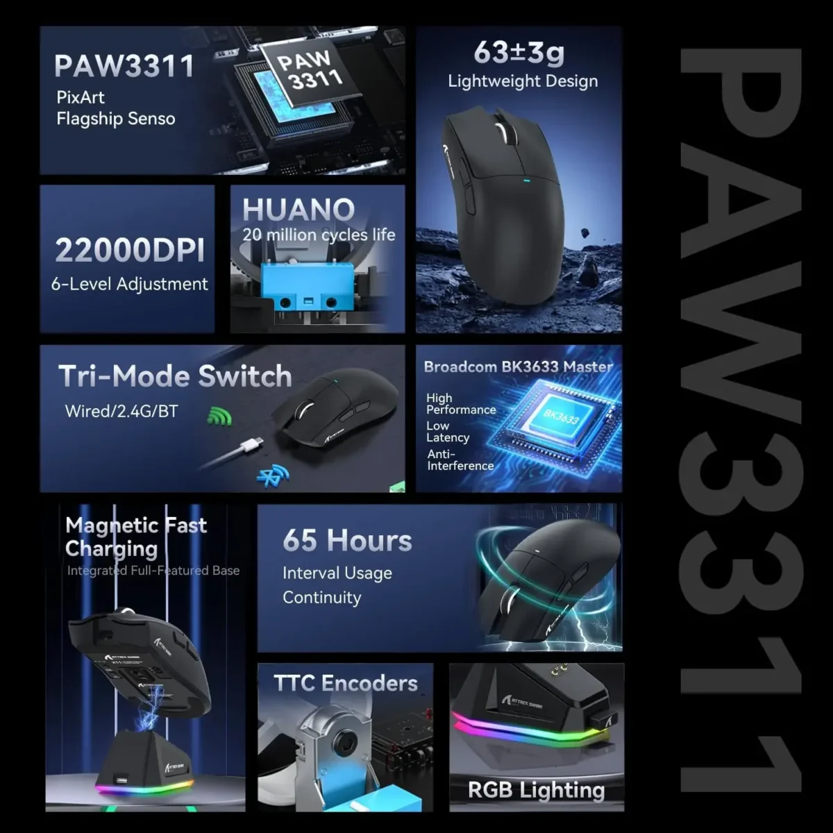 ATTACK SHARK X11 Tri-modle-Gaming Mouse with Magnetic Rechargeable Dock, PixArt PAW3311 Gaming Sensor for E-sport PC/LAP - Image 3