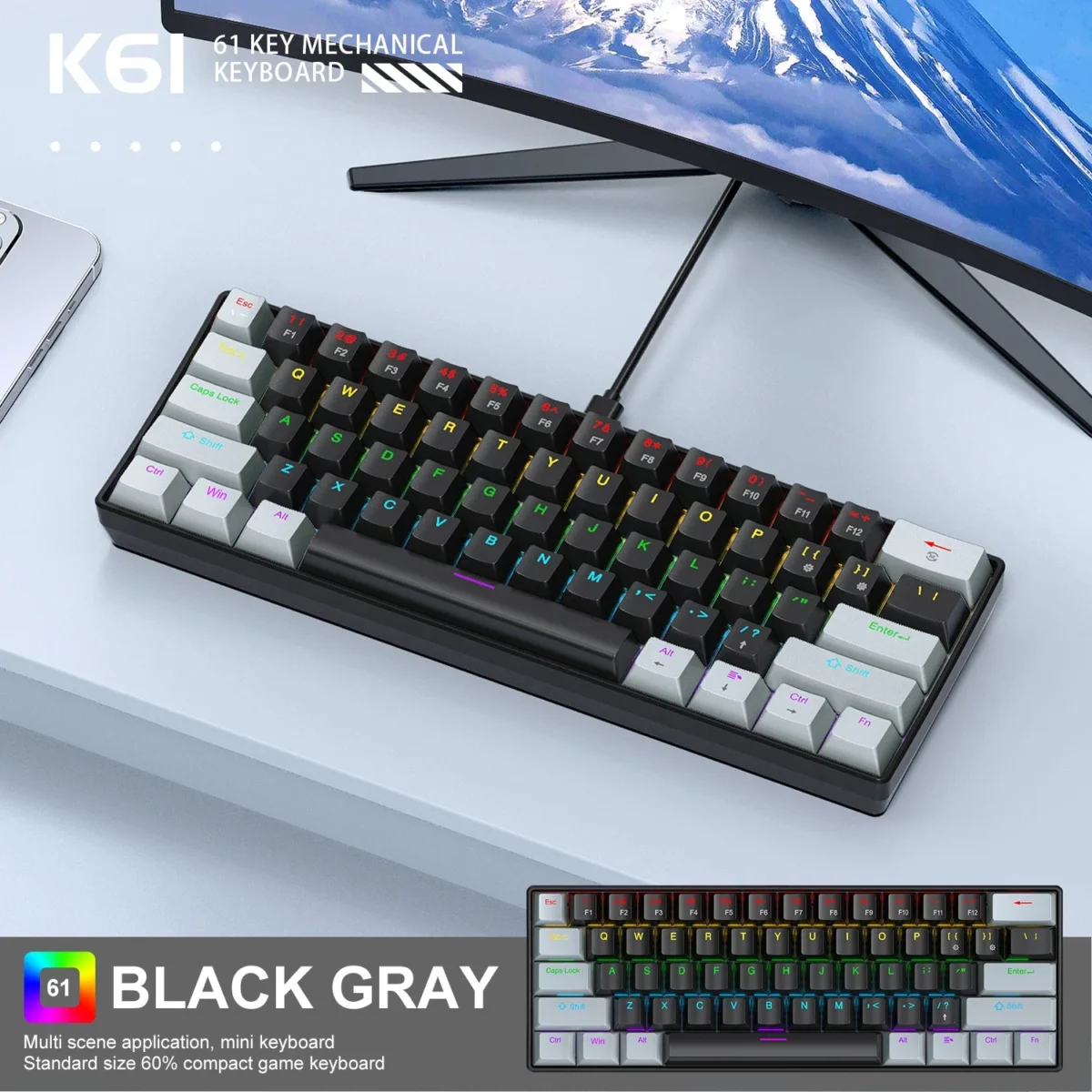 APAYADO K61 Mini Mechanical RGB Keyboard,Wired,61 Keys, Black/White , Red/Blue Switch for Gaming,60% Portable,PC/laptop - Image 8