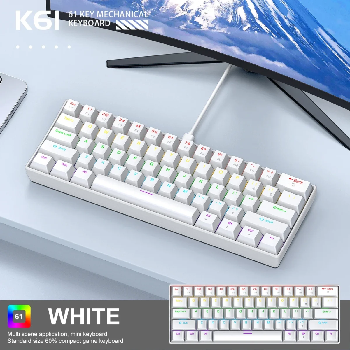 APAYADO K61 Mini Mechanical RGB Keyboard,Wired,61 Keys, Black/White , Red/Blue Switch for Gaming,60% Portable,PC/laptop - Image 9