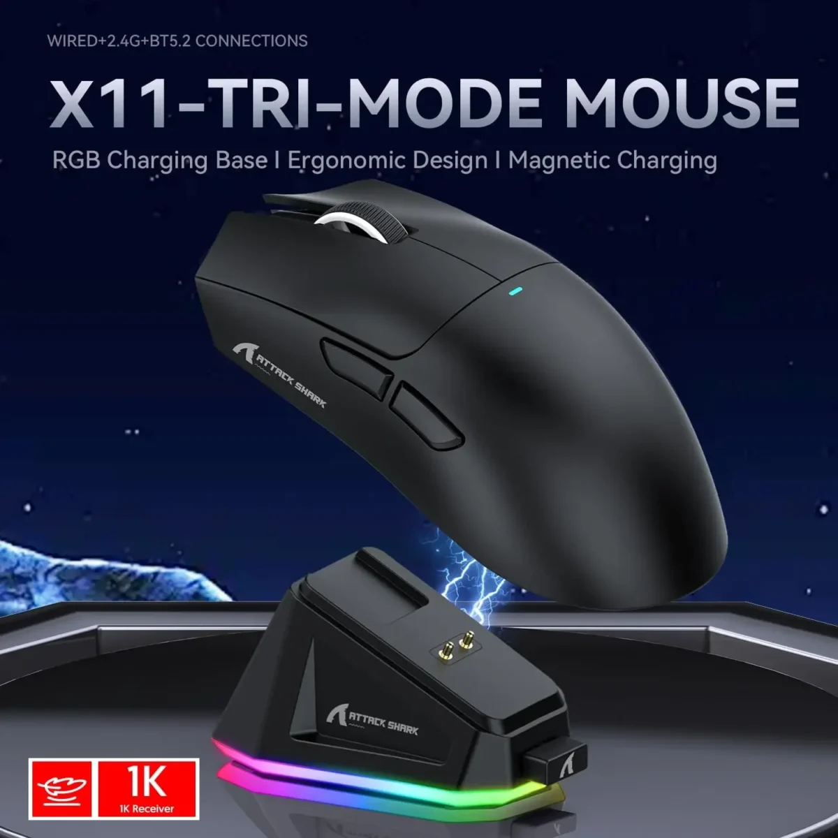 ATTACK SHARK X11 Tri-modle-Gaming Mouse with Magnetic Rechargeable Dock, PixArt PAW3311 Gaming Sensor for E-sport PC/LAP - Image 2