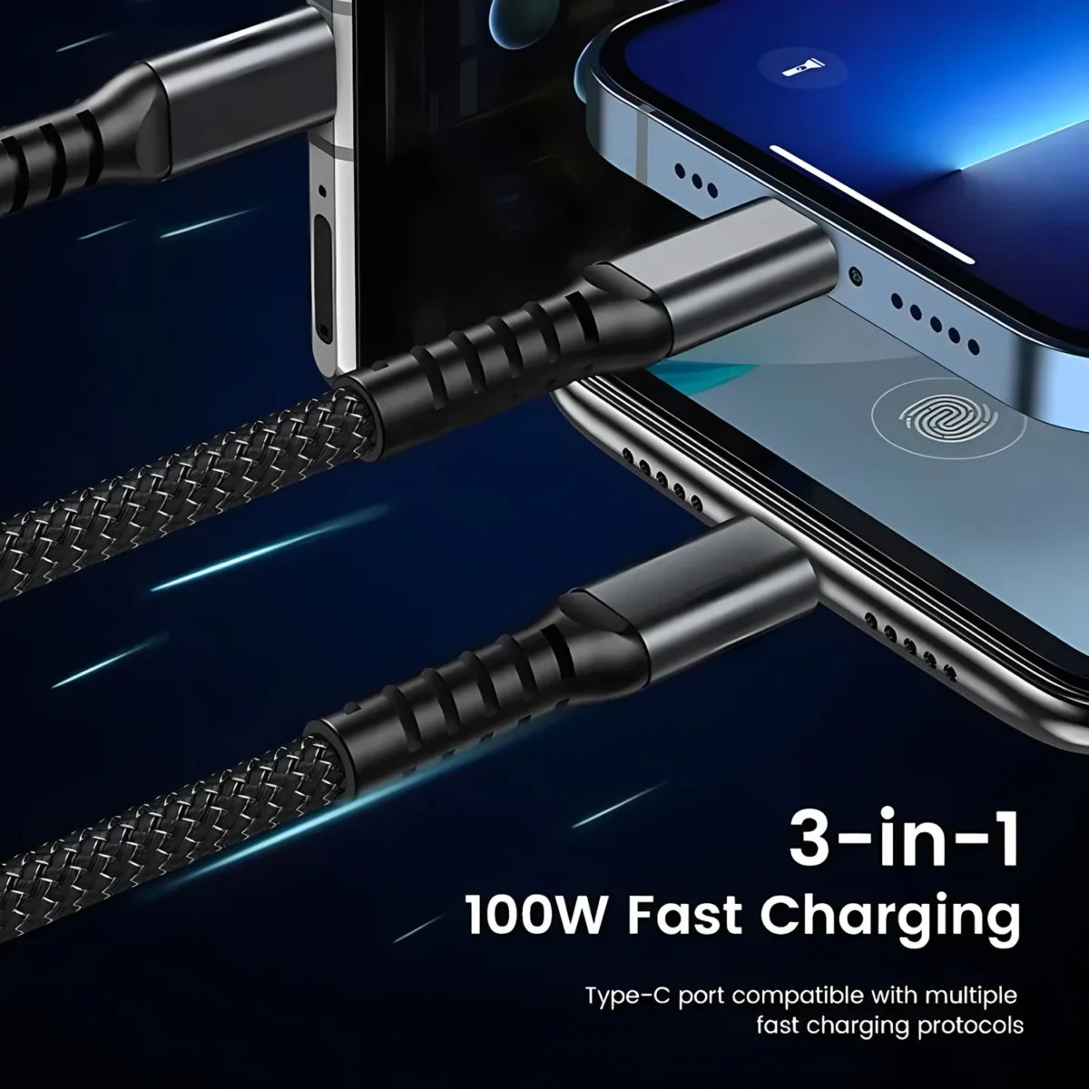 100W Fast Charging Cable Multi Charger Cable Nylon Braided Multiple USB Universal 3 in 1 Charging Cord Adapter with Type-C Micro - Image 6