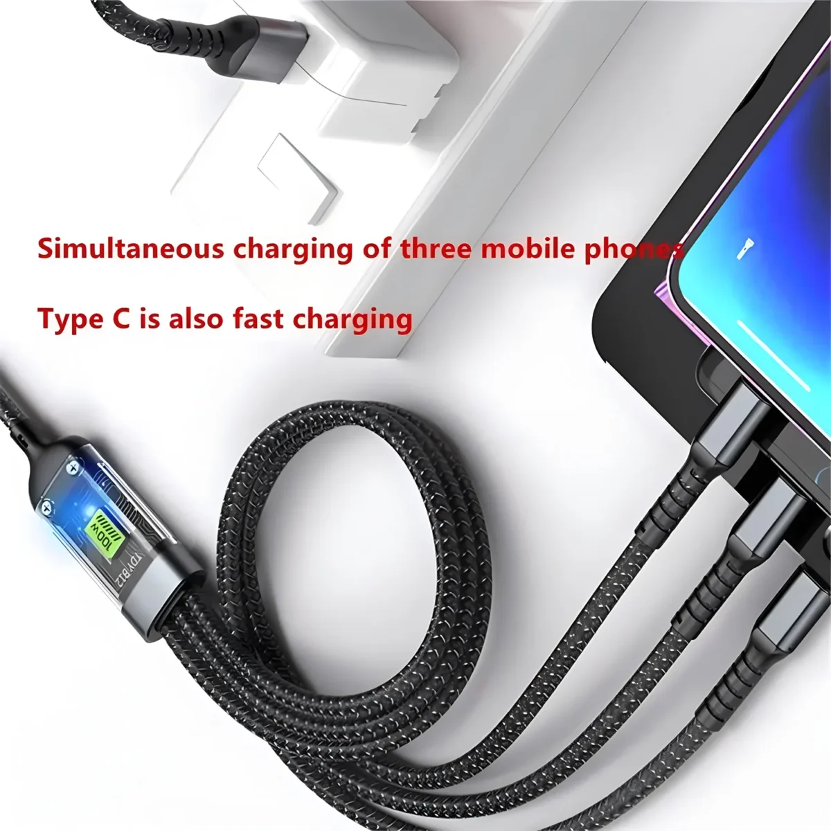 100W Fast Charging Cable Multi Charger Cable Nylon Braided Multiple USB Universal 3 in 1 Charging Cord Adapter with Type-C Micro - Image 4