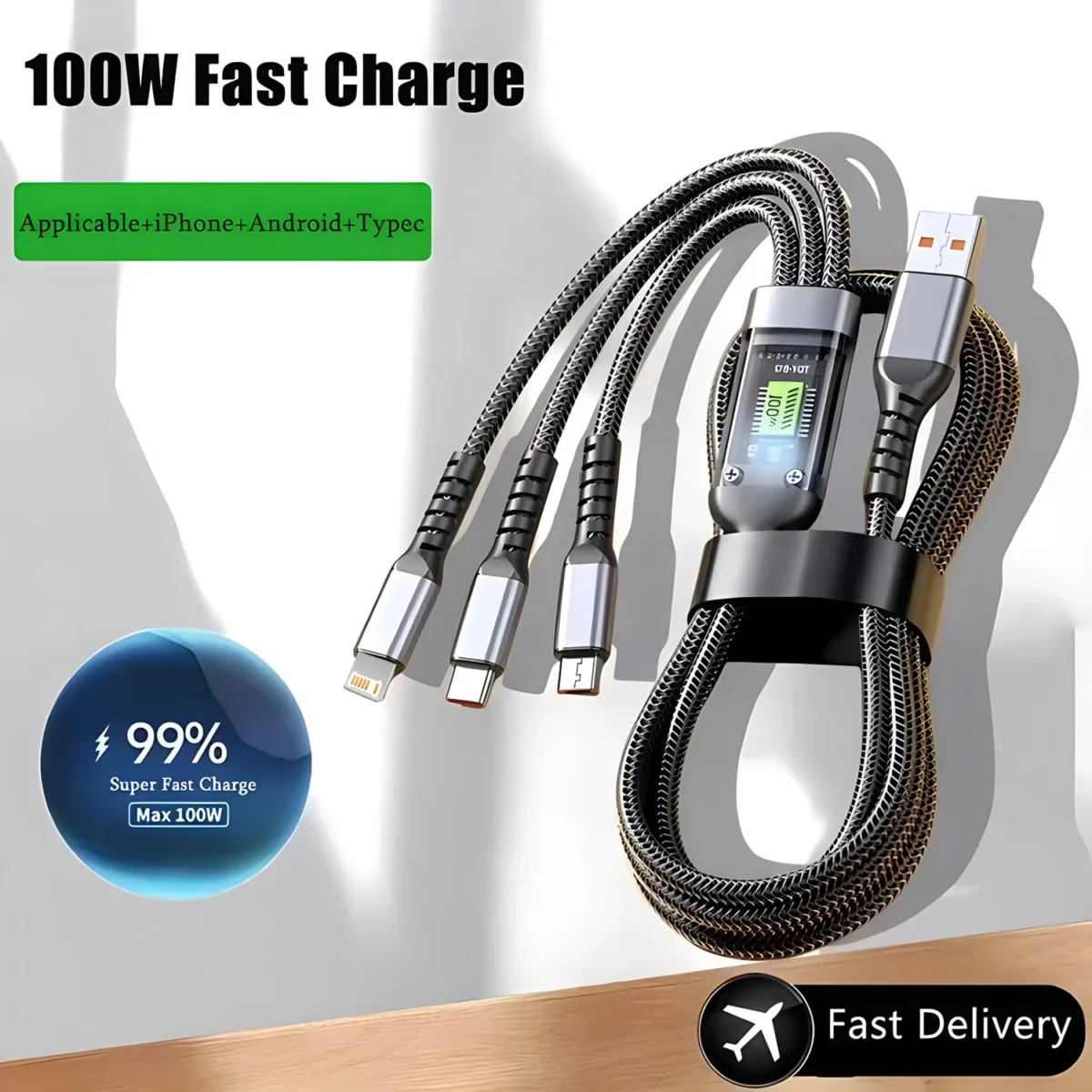 100W Fast Charging Cable Multi Charger Cable Nylon Braided Multiple USB Universal 3 in 1 Charging Cord Adapter with Type-C Micro - Image 1