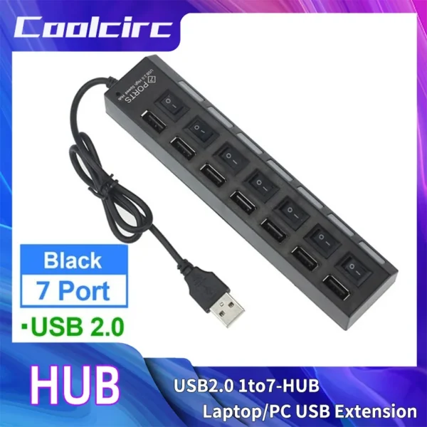 Coolcirc High Speed 7 Ports USB HUB 2.0 Adapter Expander Multi USB Splitter Multiple Extender with LED Lamp Switch for PC Laptop