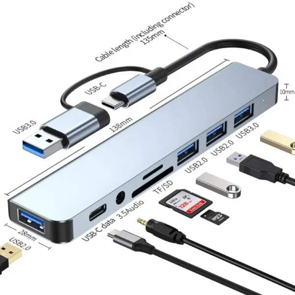8 In 2 USB-C Hub With 3.0 SD/TF Card Reader Multi-Port Adapter For Laptop Tablet And Phone TypeC Docking Station For Office Work