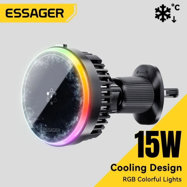 Essager 15W ice Cooling Magnetic Wireless Car Charger for iPhone 16 15 14 13 12 MacSafe Car Phone Holder Fast Charging Station