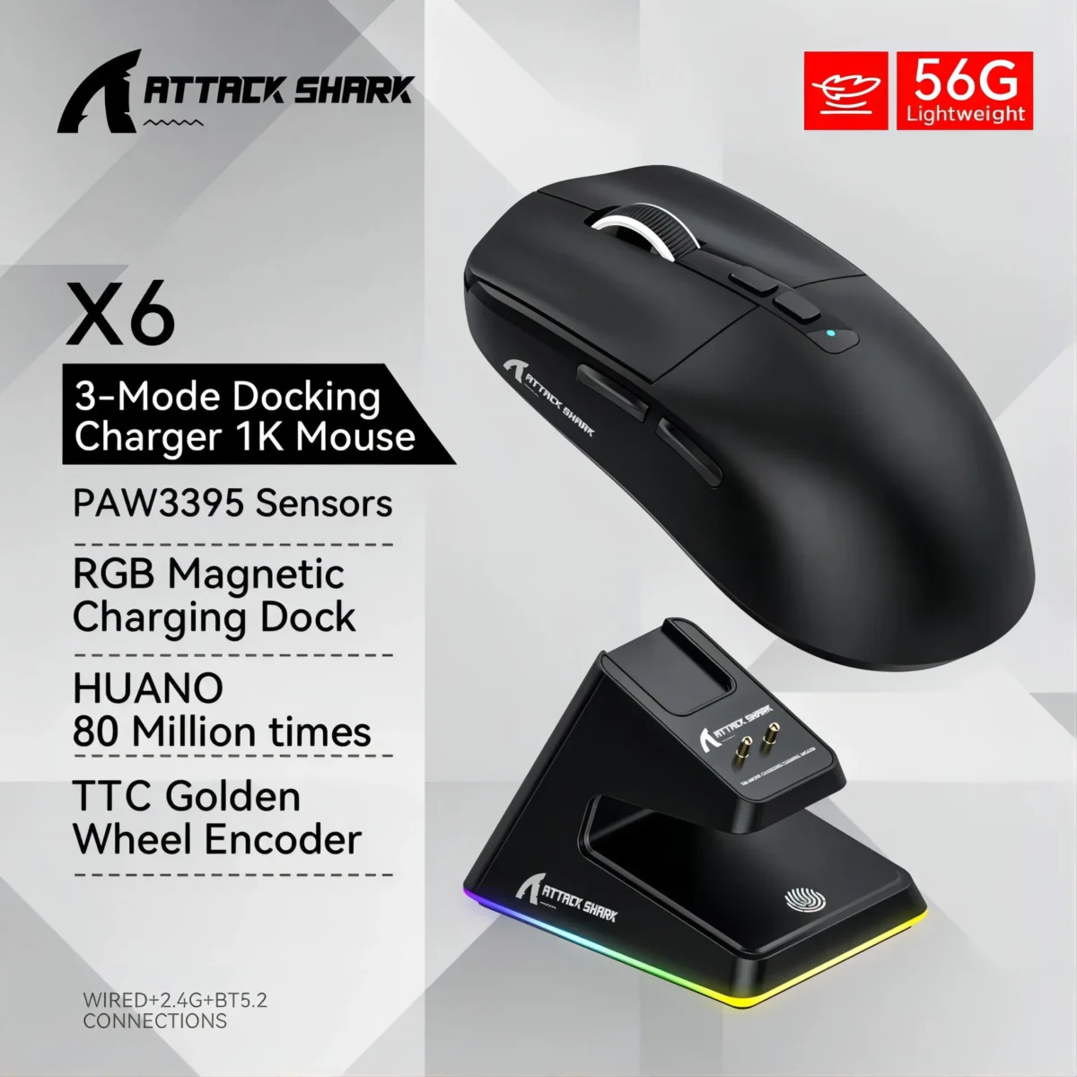 Attack Shark X6 Bluetooth Mouse , PixArt PAW3395, Tri-Mode Connection, RGB Touch Magnetic Charging Base, Macro Gaming Mouse - Image 2