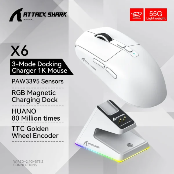 Attack Shark X6 Bluetooth Mouse , PixArt PAW3395, Tri-Mode Connection, RGB Touch Magnetic Charging Base, Macro Gaming Mouse
